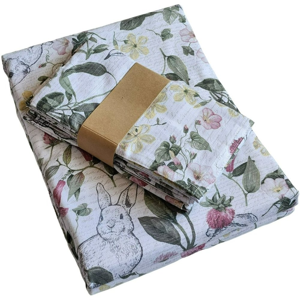 70in Round Cotton Tablecloth And Napkins With Printed Bunnies And Flowers Set - Picture 16 of 16
